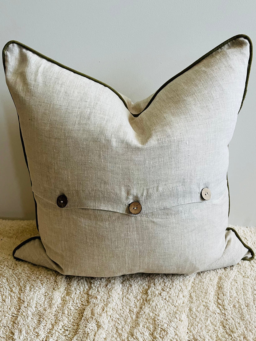Pure Linen Piped Cushion - Natural with Olive