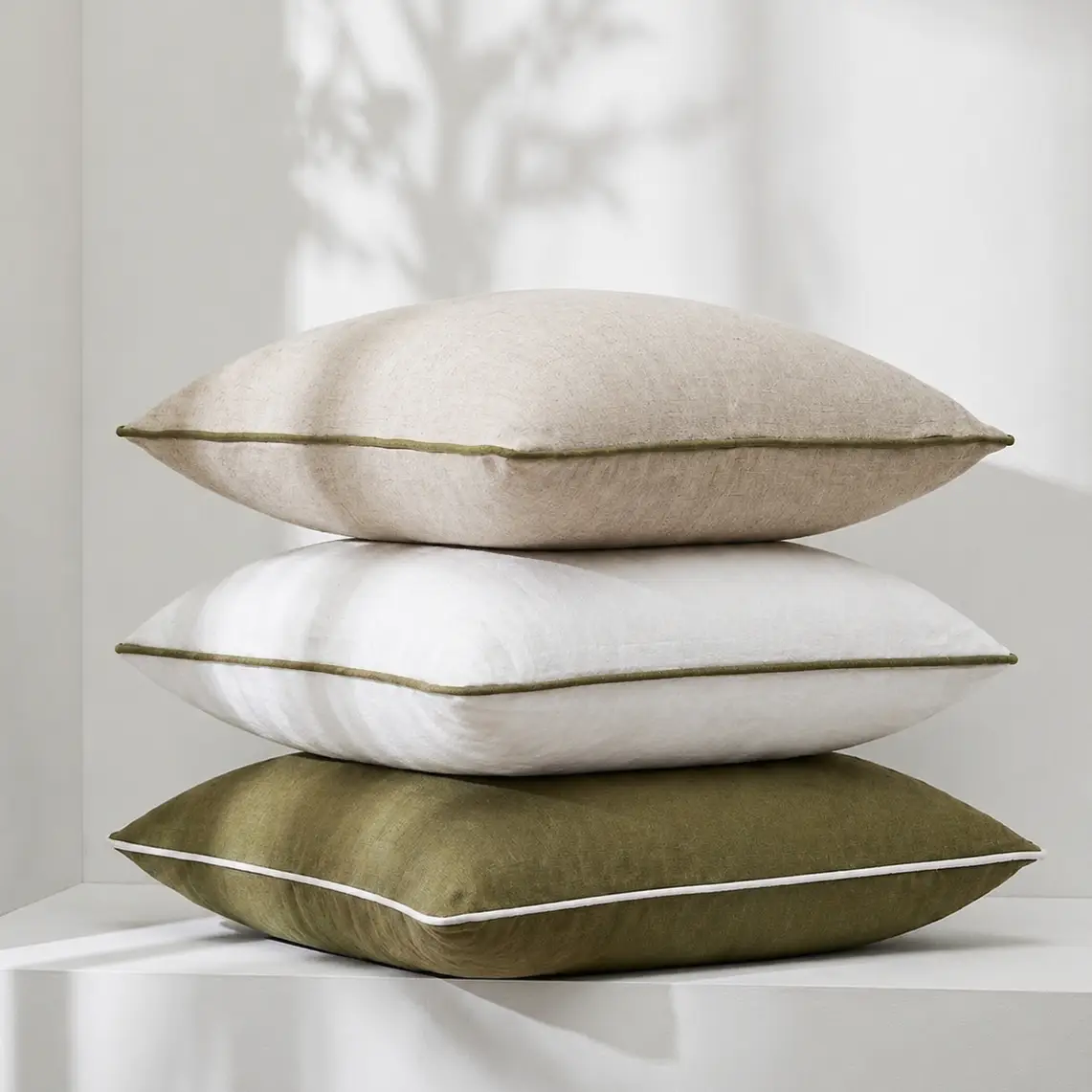 Pure Linen Piped Cushion - Natural with Olive - Image 2