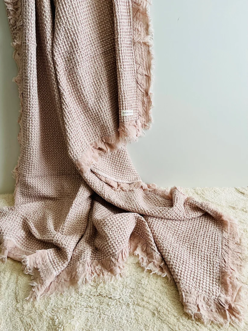 Organic Cotton Rustic Waffle Throw - Dusty Pink - Image 2